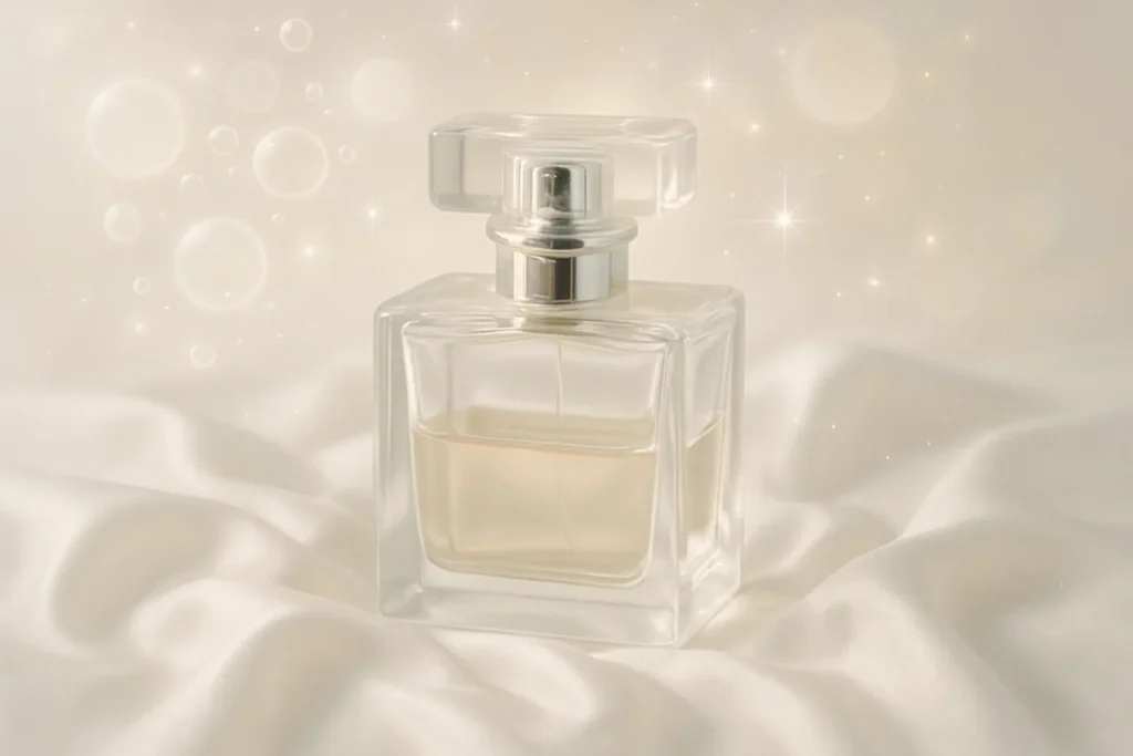 Perfume bottle with satin fabric and sparkling light representing aldehydic perfumes