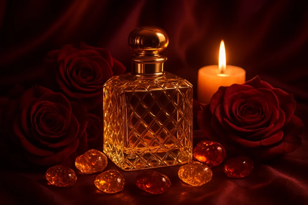 Perfume bottle with roses and amber stones representing ambery floral perfumes