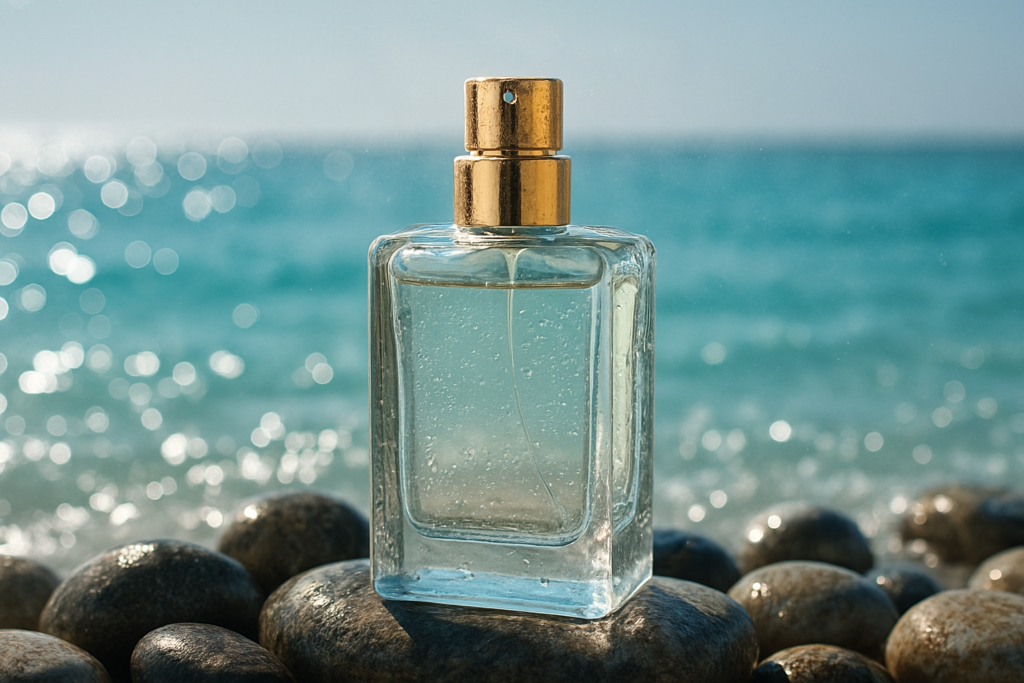 Perfume bottle by turquoise ocean waves representing aquatic fragrance family