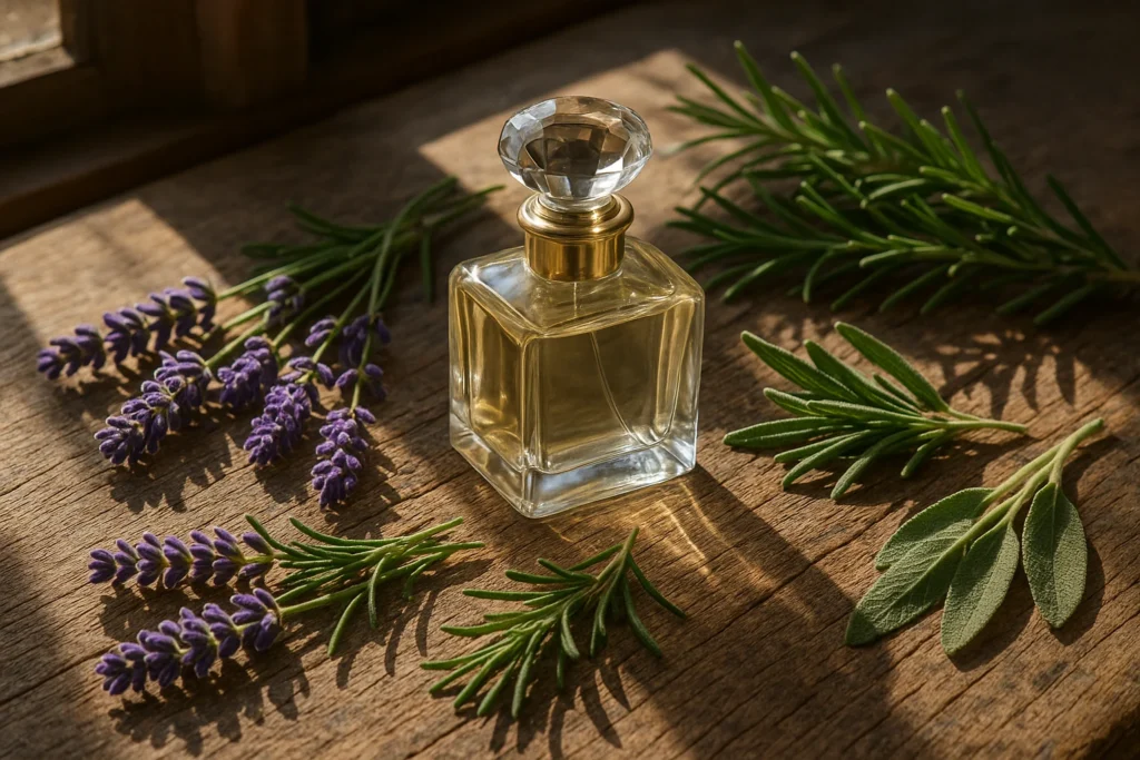 Perfume bottle with lavender and rosemary symbolizing Aromatic fragrance family