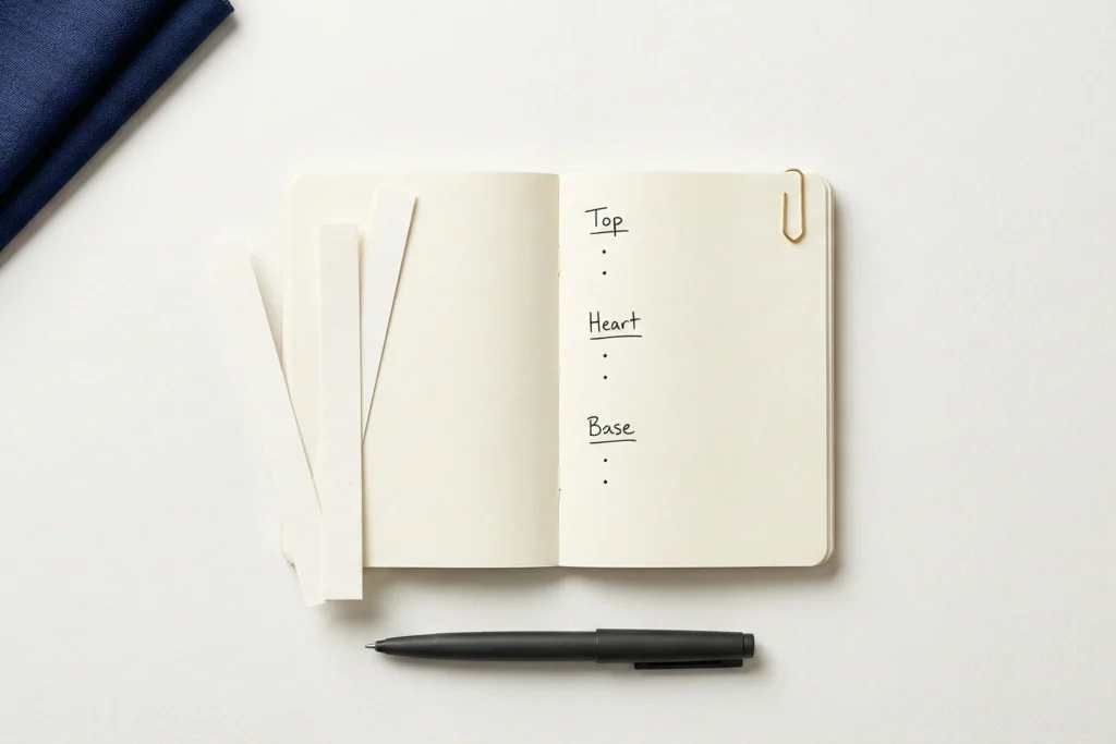 What is perfume at a glance top heart base notes notebook flatlay