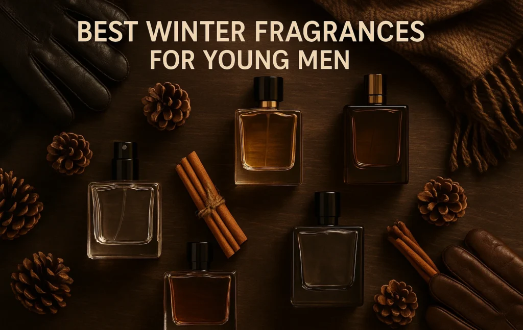 Flat lay of men’s perfume bottles with winter accessories like pinecones, cinnamon, and scarf