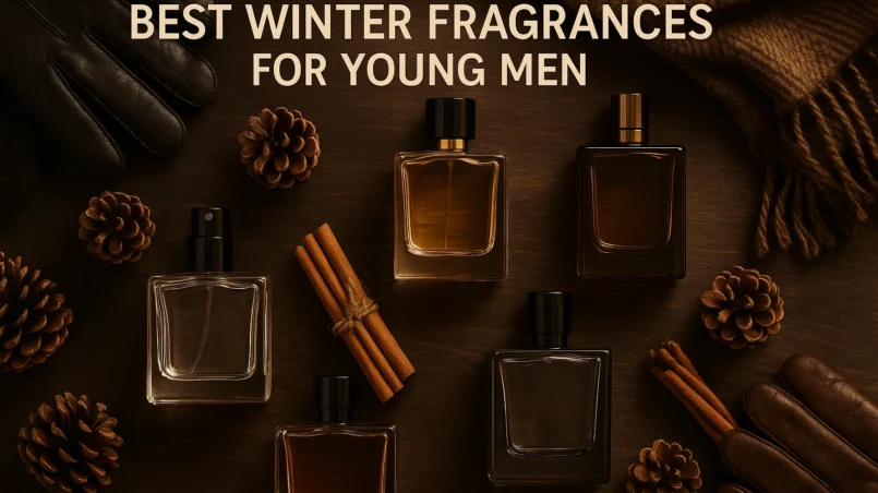 Flat lay of men’s perfume bottles with winter accessories like pinecones, cinnamon, and scarf