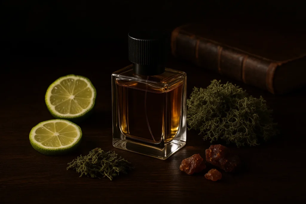 Perfume bottle with oakmoss, bergamot, and labdanum