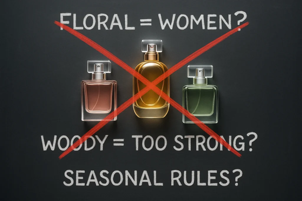 Perfume bottles with chalkboard myths crossed out representing misconceptions about fragrance families