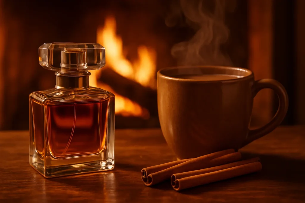 Perfume bottle beside hot chocolate and cinnamon near a glowing fireplace