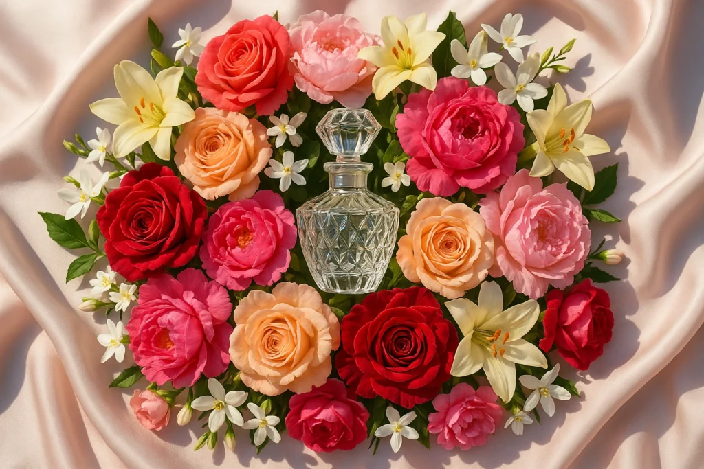 Perfume bottle surrounded by roses, peonies, jasmine, and lilies
