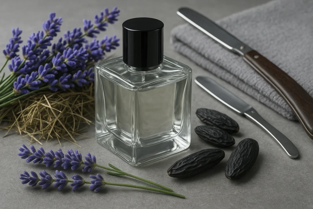 Perfume bottle with lavender and tonka beans representing fougère perfumes