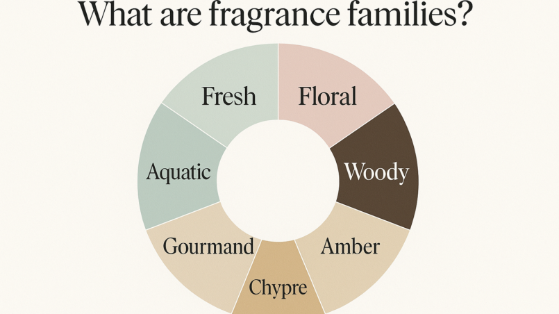 Infographic showing perfume fragrance families including Fresh, Floral, Woody, Amber, Chypre, Fougère, Gourmand, and Aquatic