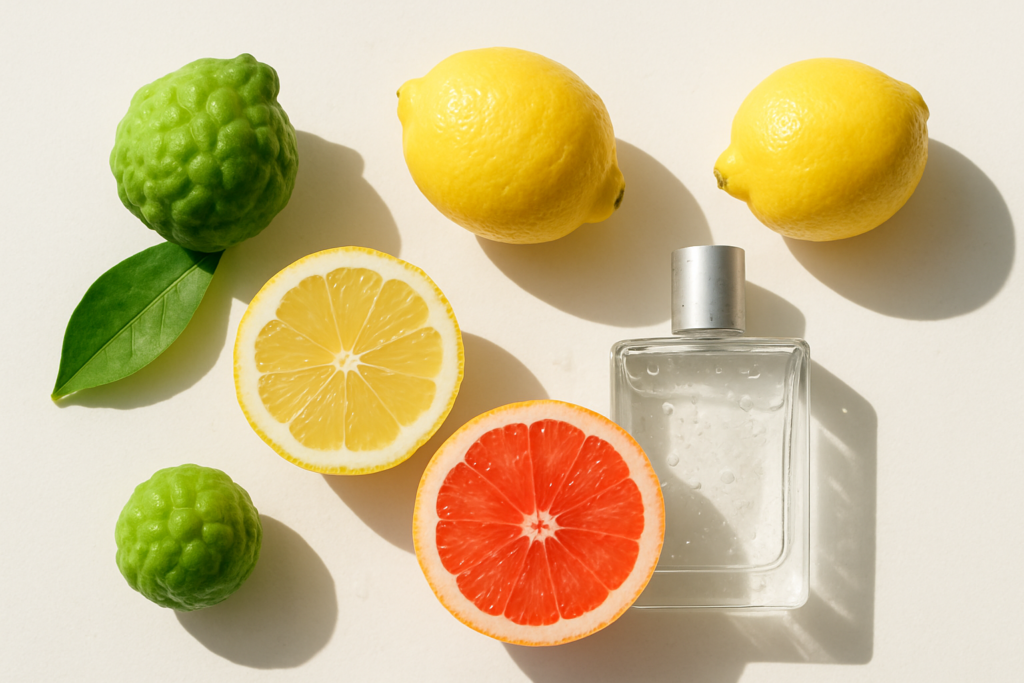 Flat lay of citrus fruits and a clear perfume bottle showing fresh fragrance notes