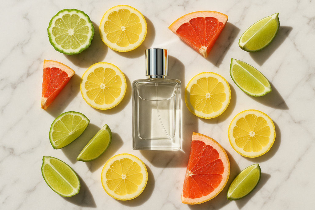 Citrus fruits with perfume bottle representing Fresh fragrance family