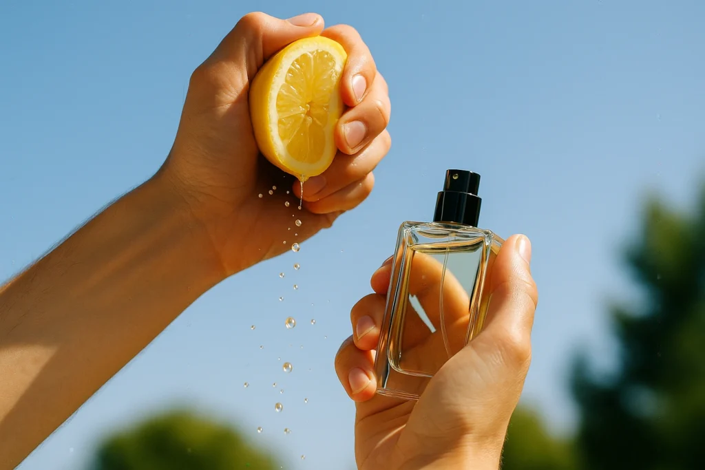 Person applying citrus perfume outdoors in sunlight