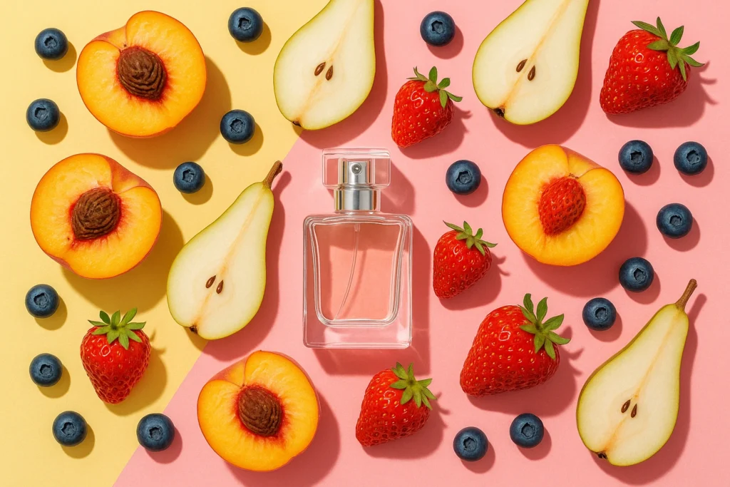 Perfume bottle with peaches, pears, and berries representing Fruity fragrance family