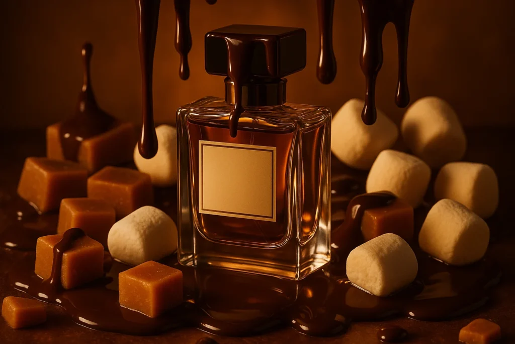 Perfume bottle with caramel, chocolate, and marshmallows
