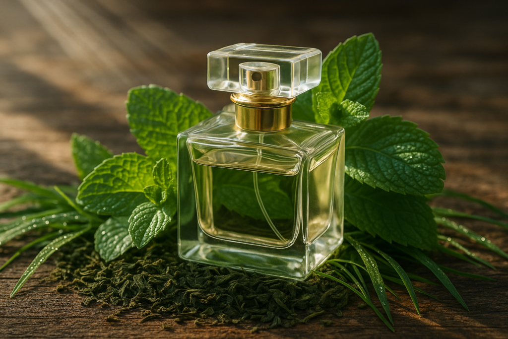 Perfume bottle with mint leaves and green tea symbolizing green perfume family