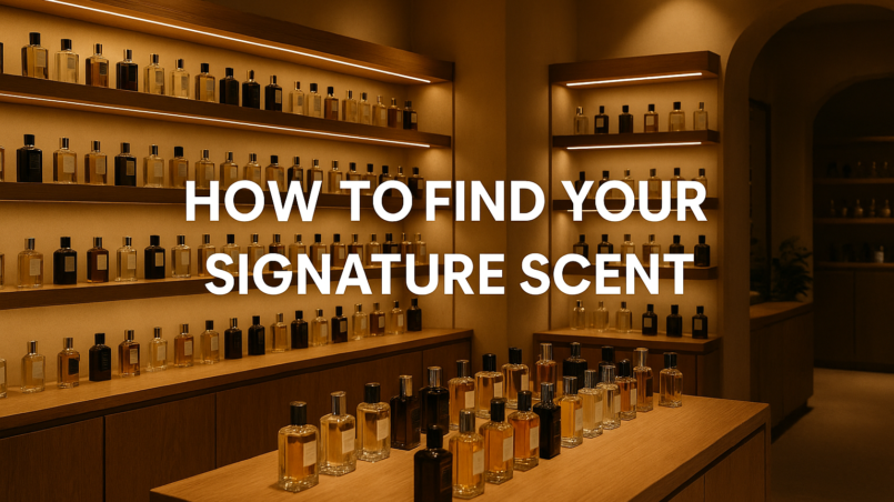 A fragrance consultant helping a customer test perfume at a boutique counter, showing how to find your signature scent