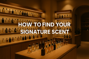 A fragrance consultant helping a customer test perfume at a boutique counter, showing how to find your signature scent
