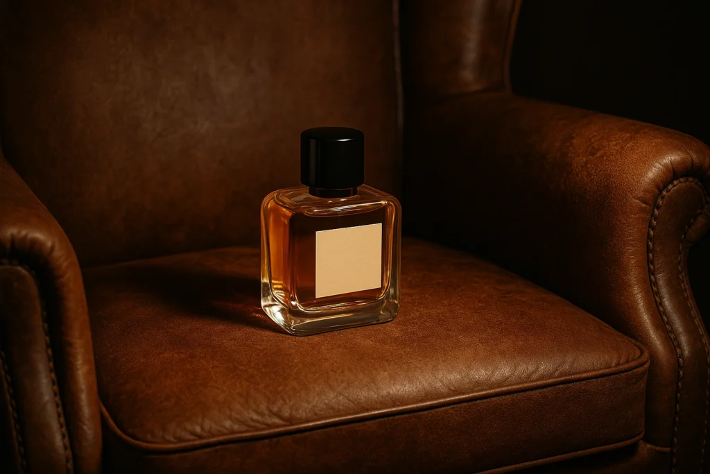 Perfume bottle on leather armchair symbolizing Leather fragrance family