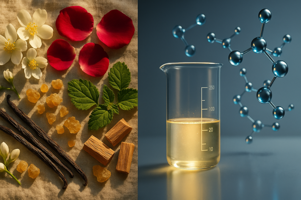 Split image comparing natural perfume ingredients and synthetic aroma molecules.