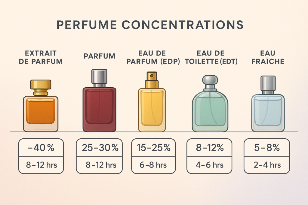 Infographic comparing six perfume concentrations and longevity times.