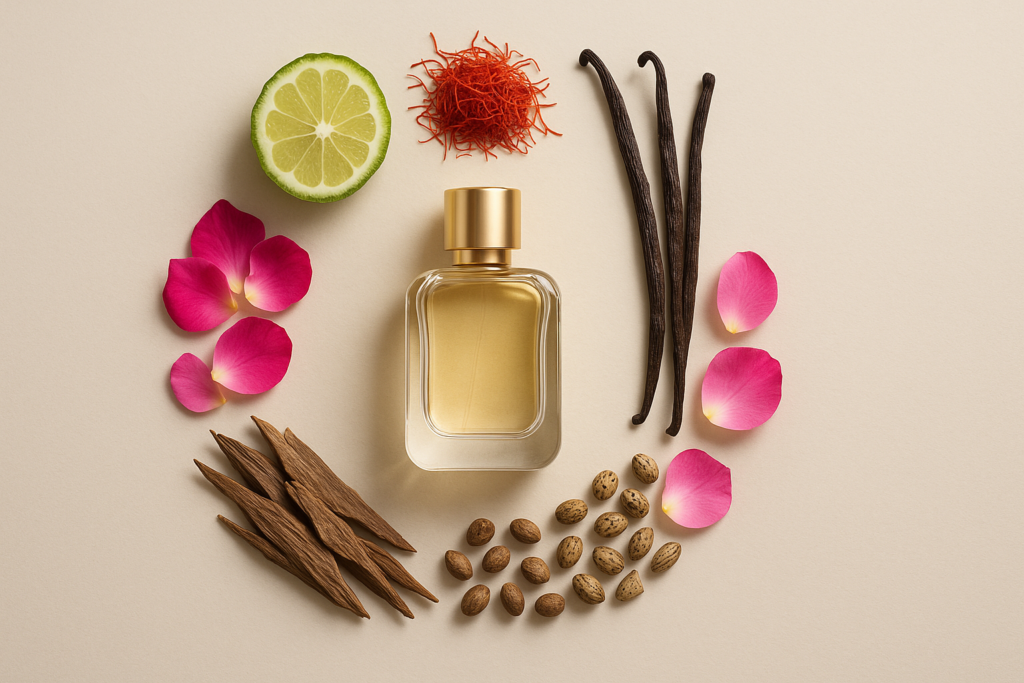 Perfume ingredients including citrus, florals, spices, oud, musk, and vanilla.