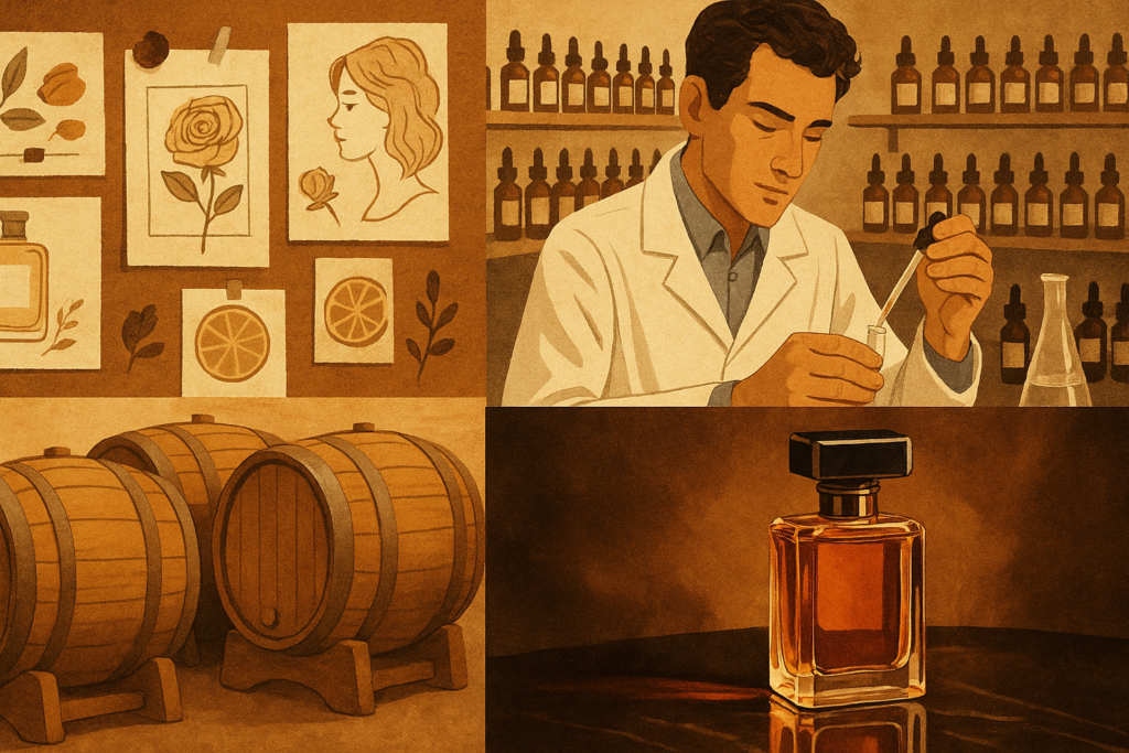 Stages of perfume creation from idea to finished bottle.