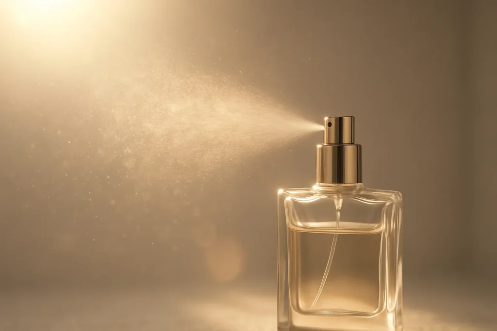 Perfume mist in sunlight representing memory and identity.