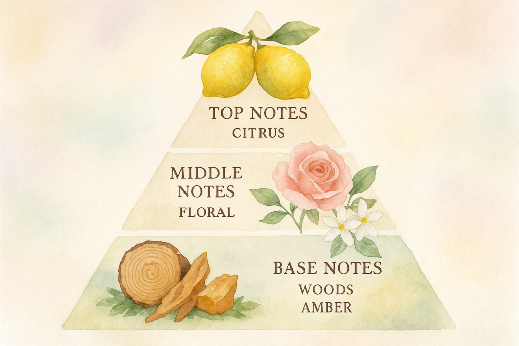 Perfume pyramid showing top, heart, and base notes.