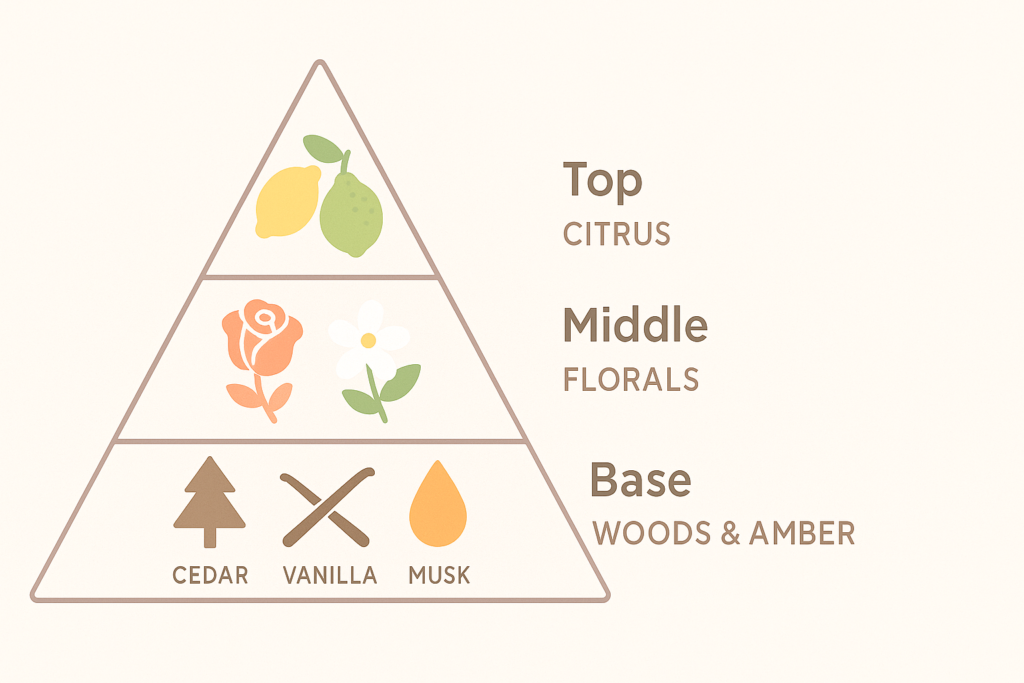 Infographic showing perfume pyramid with top, heart, and base notes.
