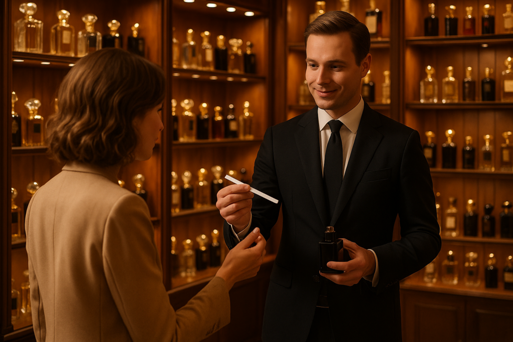 Customer with fragrance consultant learning about perfume fragrance families in boutique