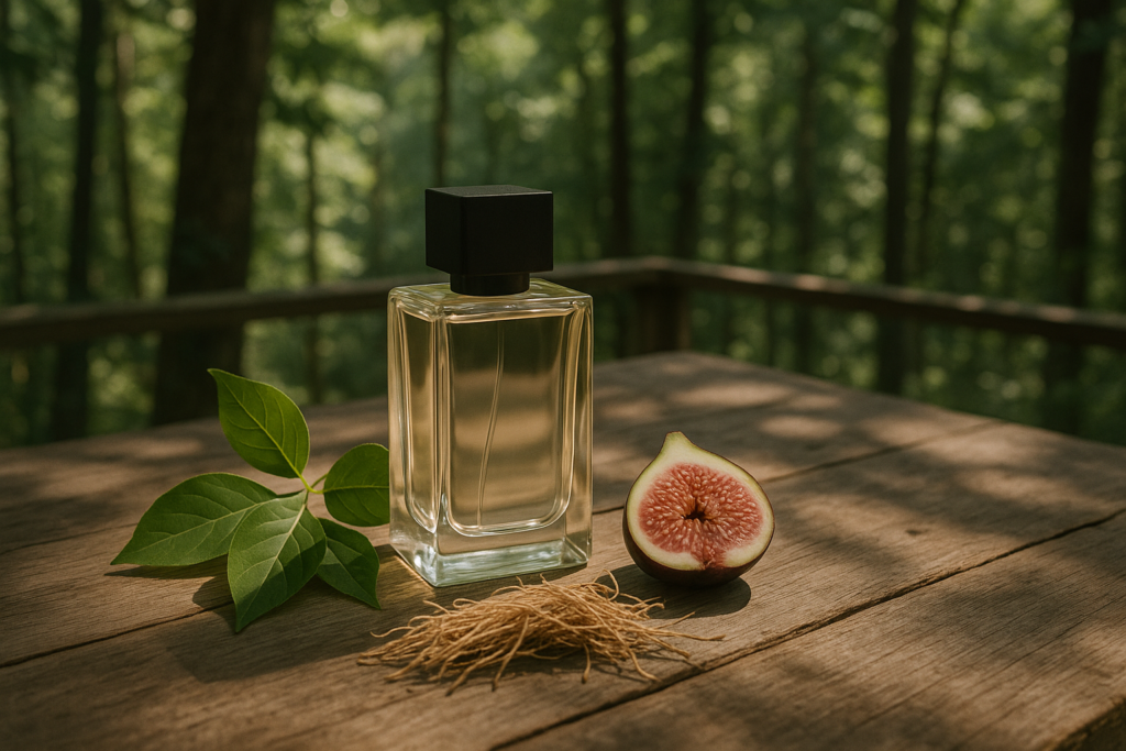 Perfume bottle with green leaves, vetiver roots, and fig symbolizing relaxed and outdoorsy fragrance style