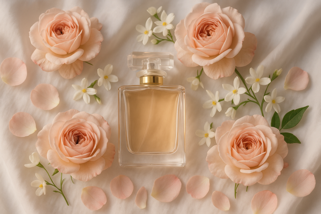 Perfume bottle surrounded by roses and jasmine flowers symbolizing romantic floral perfumes