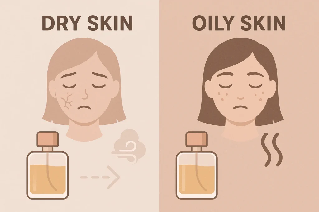 Infographic comparing how perfumes smell on dry skin versus oily skin
