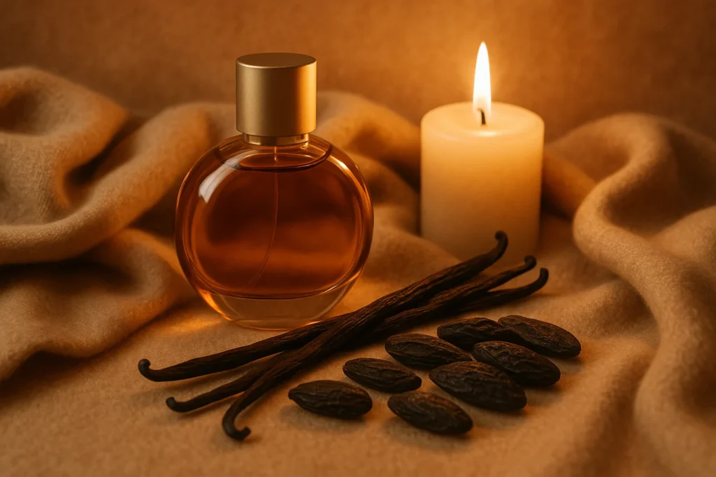 Perfume bottle with tonka beans, vanilla, and fabric representing soft amber perfumes