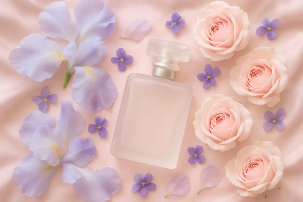 Perfume bottle with iris petals and powder representing soft floral perfumes
