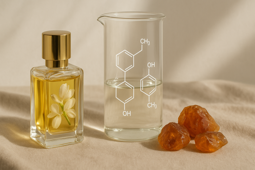 Perfume building blocks with oils, molecules, and resins.