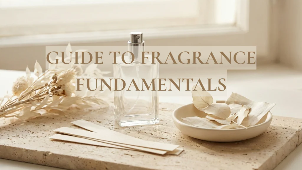 What is perfume? Minimal perfume still life with blotter strips and glass atomizer Caption: A simple starting point: perfume is a formula that unfolds on skin.