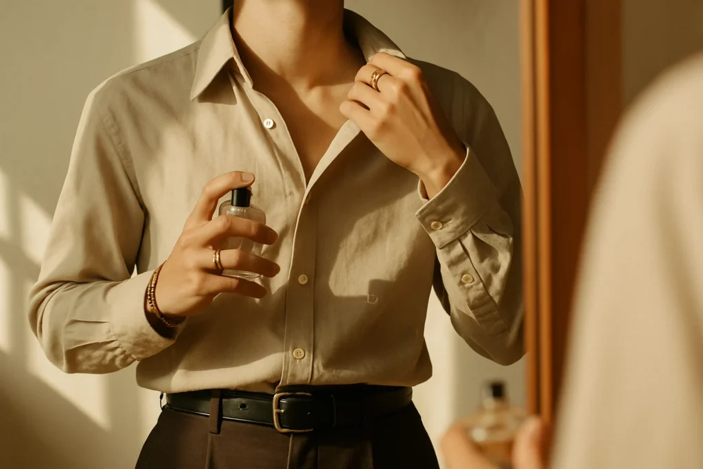 Person adjusting shirt collar after applying perfume, showing signature scent confidence