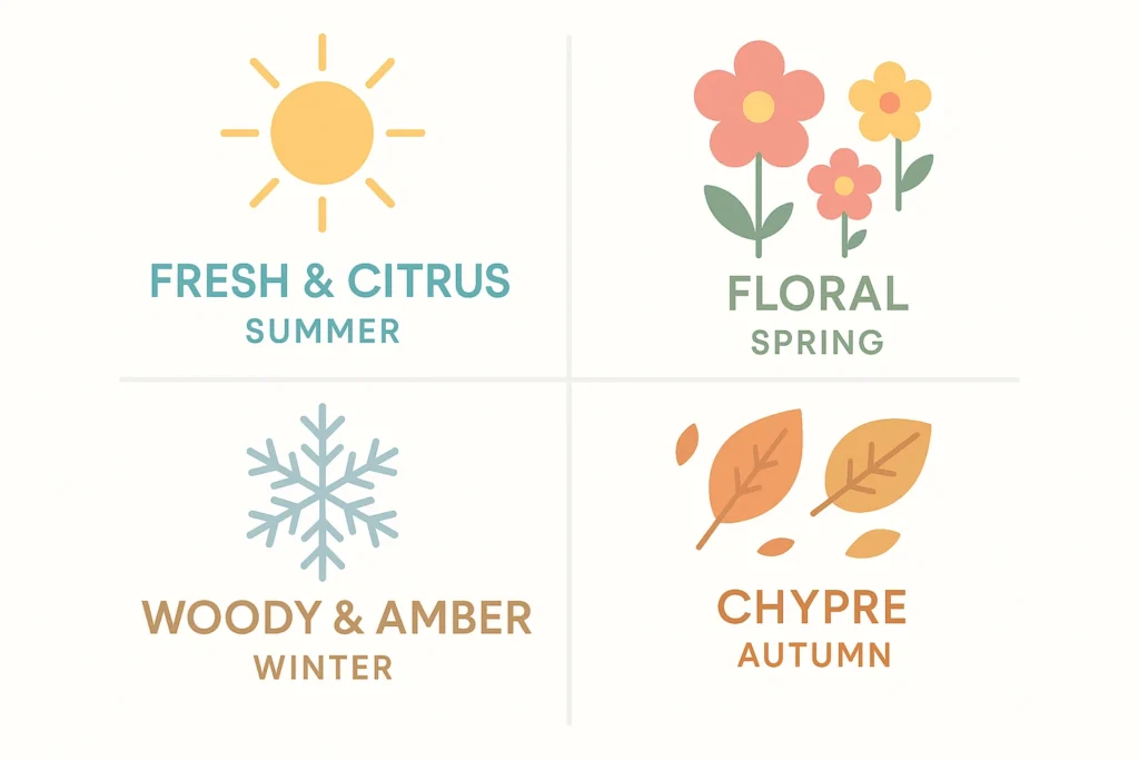Seasonal chart of fragrance families with icons