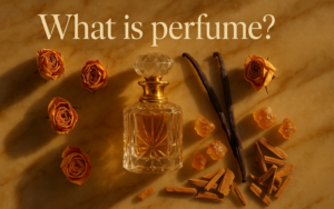 Luxury flat lay of a perfume bottle with roses, vanilla, amber, and sandalwood.