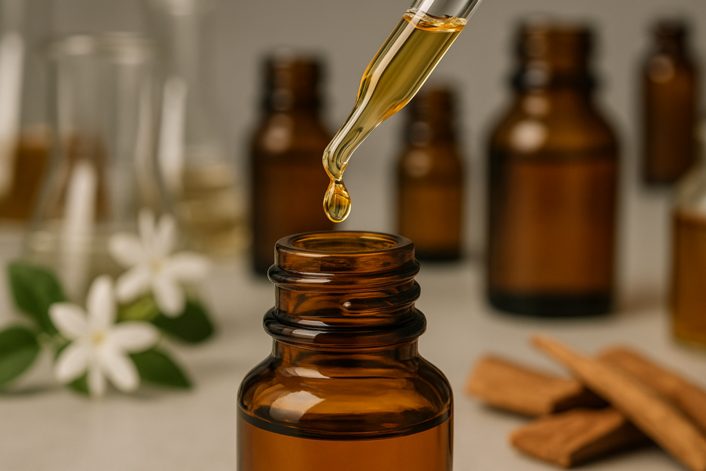 Perfume concentrate poured into a bottle in perfumery lab showing what is perfume.