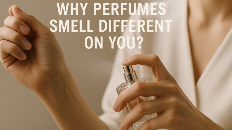 Close-up of perfume sprayed on wrist with face cropped out, showing how perfumes smell different on you