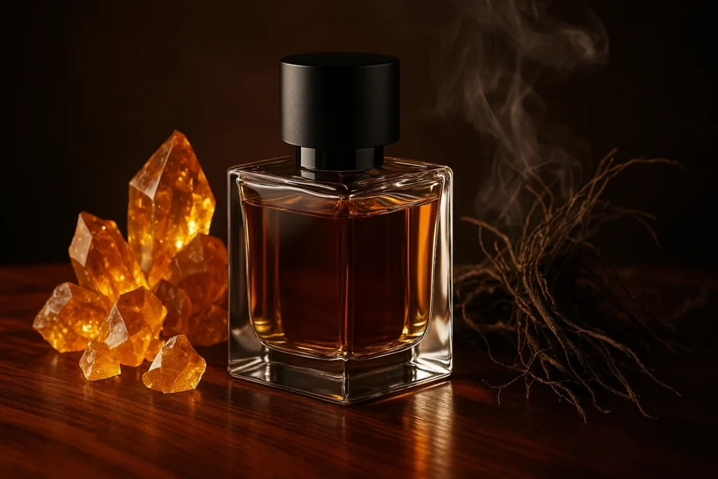 Perfume bottle on cedar wood with amber glow representing woody amber perfumes