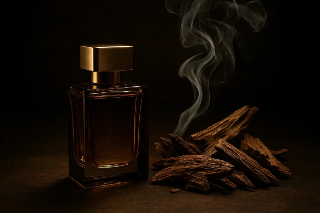 Perfume bottle with oud wood and incense smoke