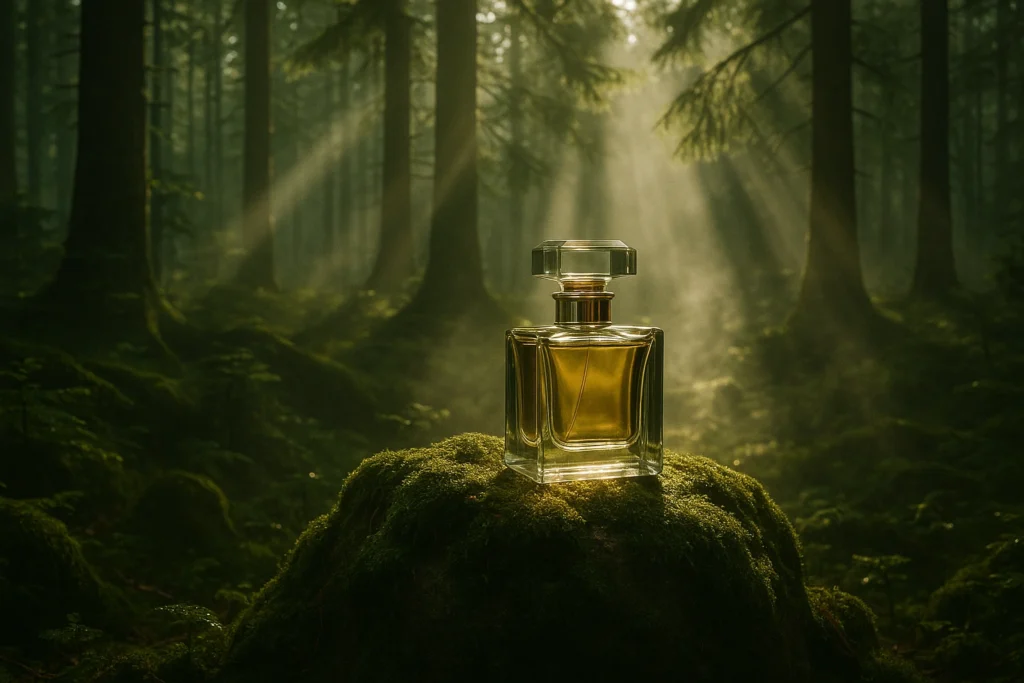 Perfume bottle in mossy forest symbolizing Woody fragrance family
