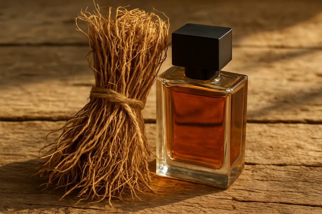 Perfume bottle with vetiver roots symbolizing earthy Woody perfumes