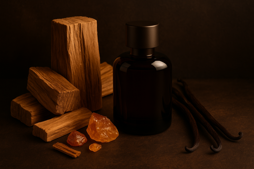 Sandalwood, amber, and vanilla perfume composition for signature scents