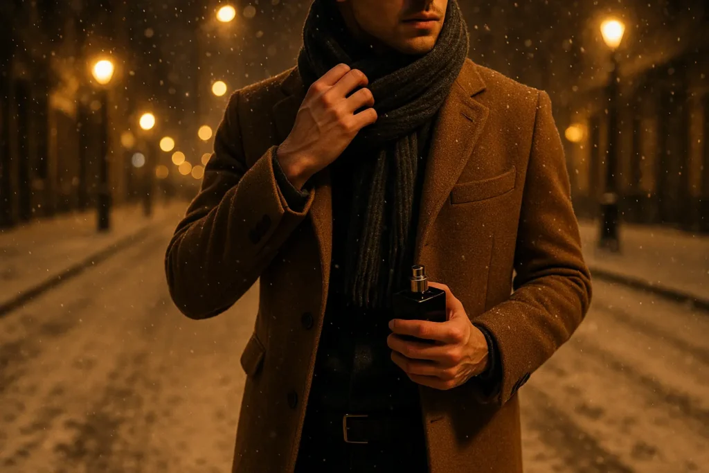 Young man in a wool coat holding a perfume bottle on a snowy city street at night