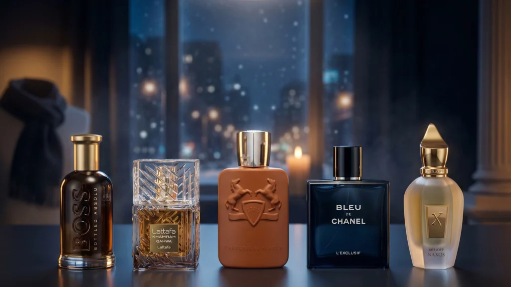 Row of five winter fragrance bottles for men, including Hugo Boss Bottled Absolu, Lattafa Khamrah Qahwa, Althair, Bleu de Chanel L’Exclusif and Xerjoff Naxos.