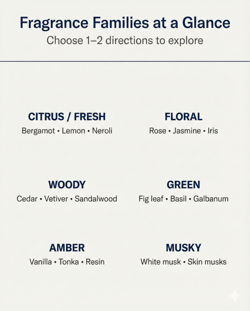 Minimal fragrance families chart showing citrus, woody, amber, floral, green and musky categories